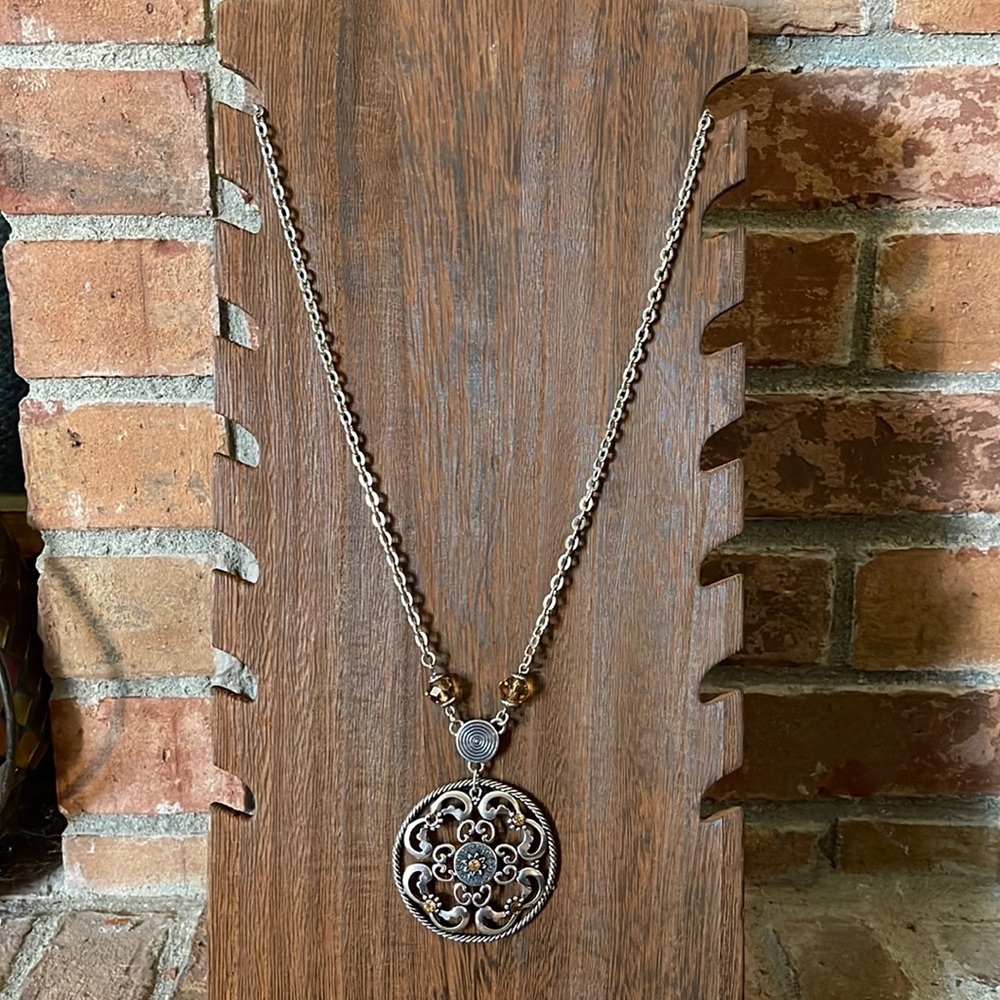 Long Necklace w/ Round Amber Toned Pendant